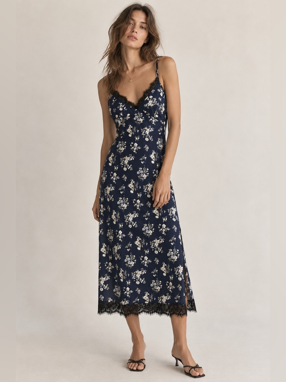 Kenzie + Francesca’s Navy Floral Lace Trim Midi Slip Dress XS